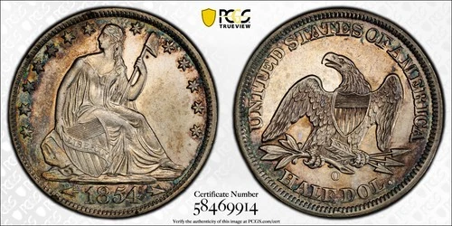 1854-O Seated Liberty Half Dollar PCGS AU Beautiful Rainbow Toning O Mint