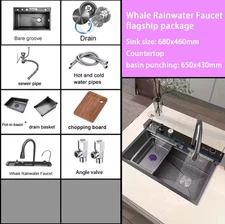 Stainless Steel Waterfall Kitchen Sink Digital Display Large Single Slot Multifu