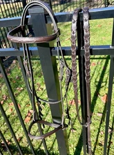 Raised Fancy Stitch Brown Leather Hunt Bridle Horse Full Matching Braided Reins 