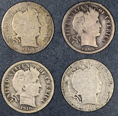 1909-PO 1910-PD 10C BARBER SILVER DIMES Lot of 4 KM#113 Circulated A6312