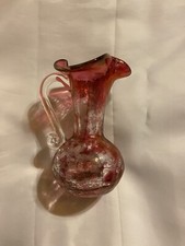 Vintage Small Cranberry Crackle Glass Pitcher with Clear Handle