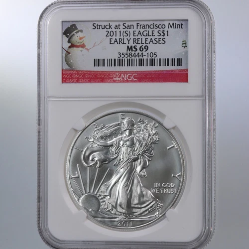 2011-S American Silver Eagle ASE $1 NGC MS69 Snowman Christmas Holiday Label