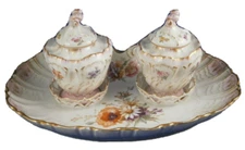 Antique KPM Berlin Porcelain Floral Inkwell & Tray Set Porzellan Tintenfass Ink