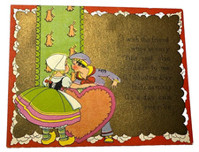 Vintage Dutch Swedish Valentines Day Card 1930s Carrington Co.USA Windmill Clogs