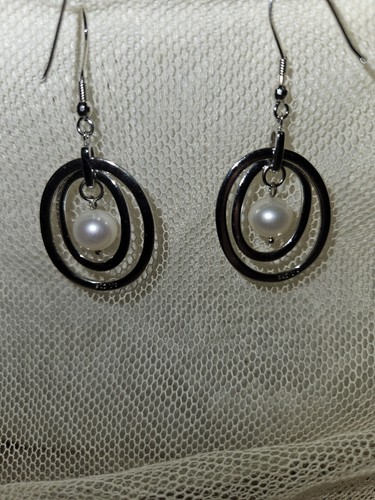 IPS, Pendientes Sindicato de Perlas Imperiales, Esterlina 925, 2 Aros Oblongos con Perla - Imagen 3 de 5