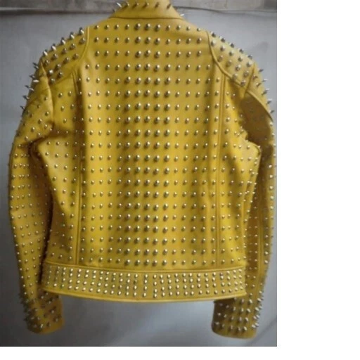 Yellow Studded Jacket Handmade Biker Leather Jacket, Silver Spiked Jacket - Image 3 of 4