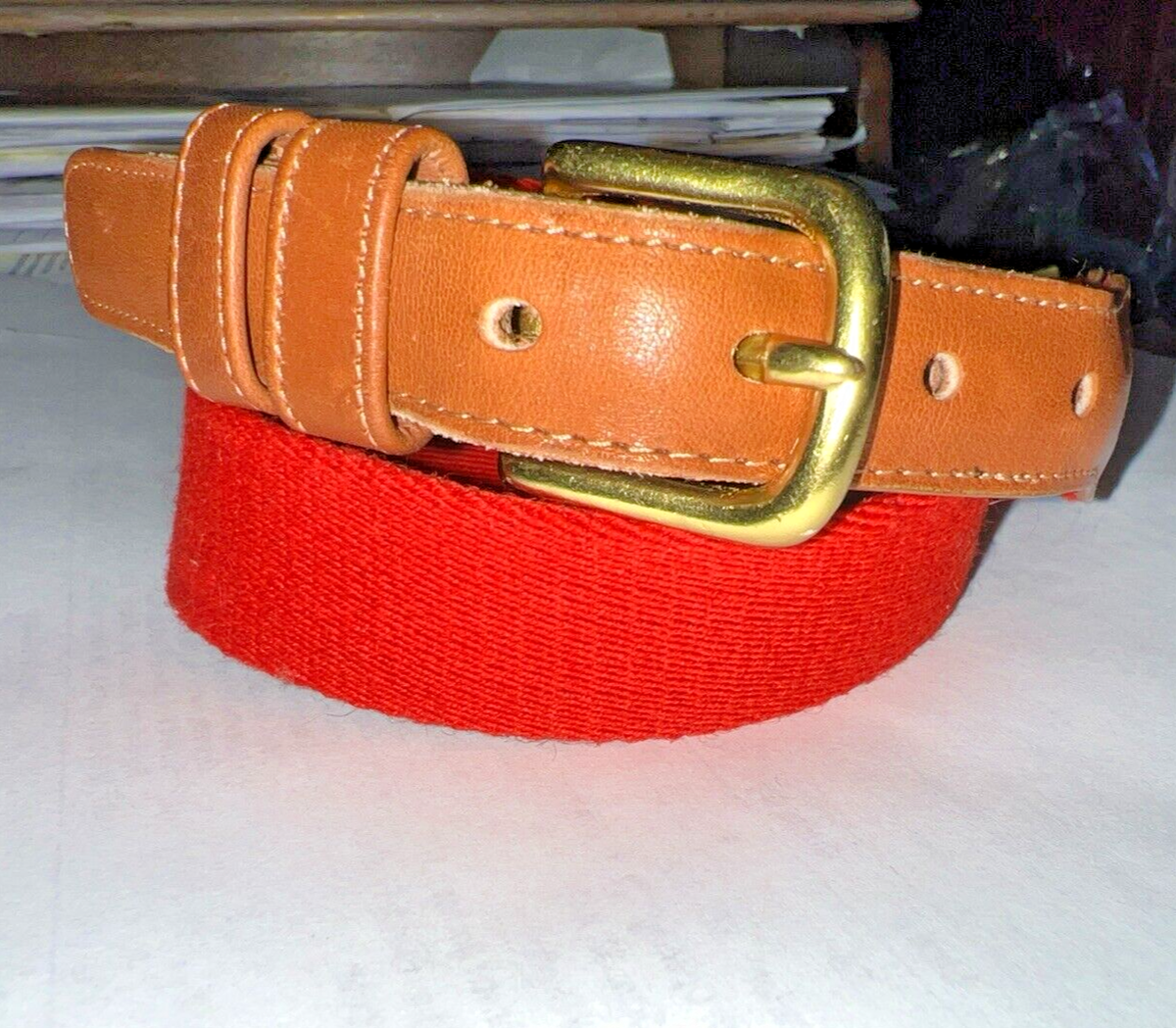Coach Red Surcingle Wool Fabric Belt British Tan Leather SZ XXS