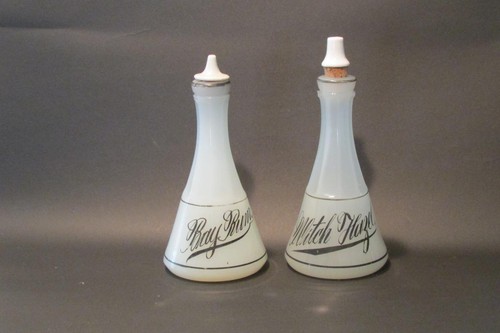 Pair E. W. Inc. Moonstone Glass Barber Bottles w/Stoppers Bay Rum & Witch Hazel