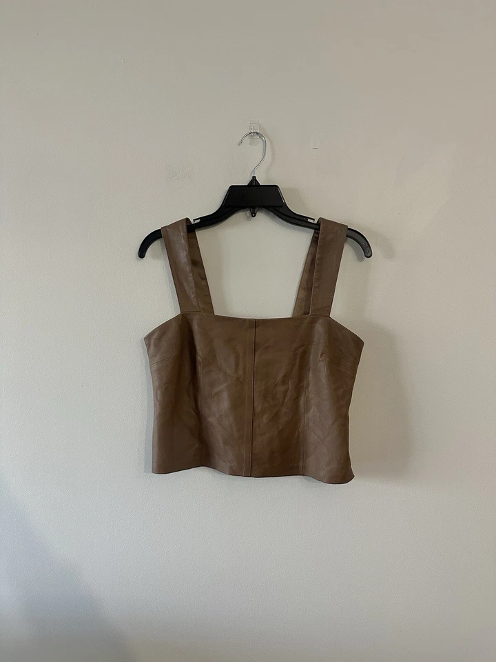 Vince Square Neck Lamb Leather Cropped Tank Top Fawn Brown 6 - Image 2 of 4