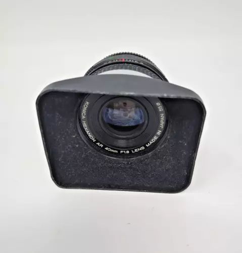 Konica AR 40mm f1.8 "Pancake Lens" clean with withMetal Clamp On Lens Hood