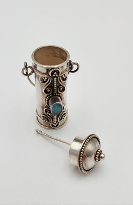 Sterling Filigree Perfume Bottle Pendant Charm 9.3 Grams W/ Blue Stone & Dabber