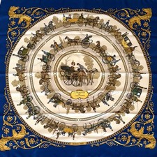 Hermes Carre 90 Silk Scarf La Promenade de Longchamps Blue Ivory Excellent