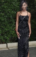 Black Sequin Formal Prom Dress with Spaghetti Straps and Side Slit