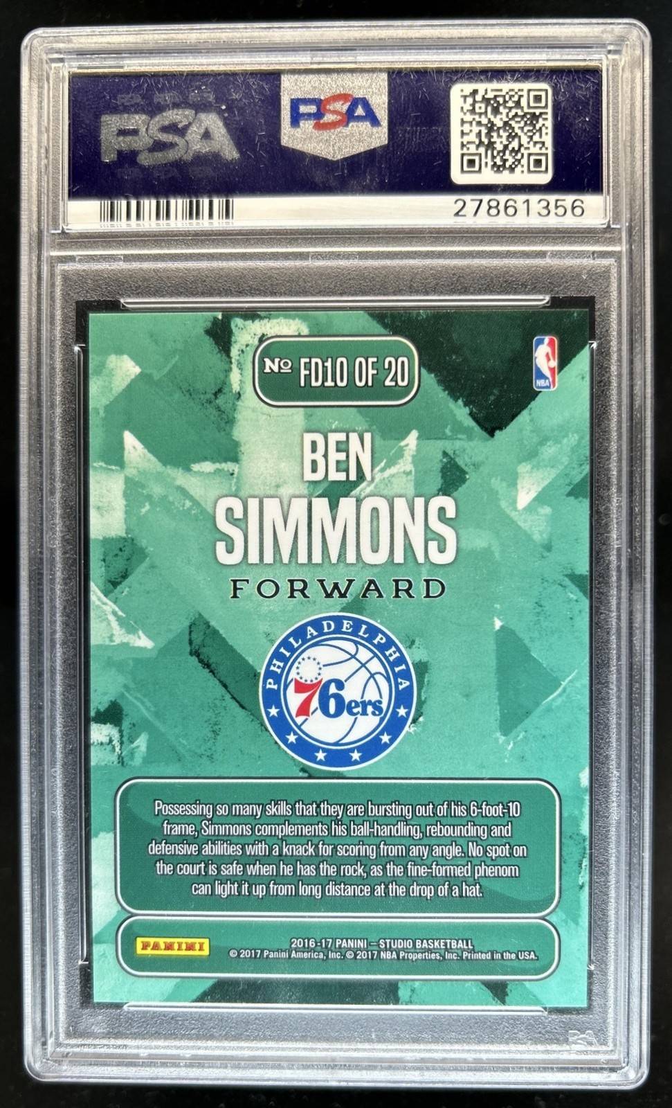 2016-17 Panini Studio Ben Simmons From Downtown! SP Rookie RC #FD10 76ers PSA 10 view 2