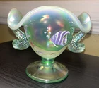 Fenton  SEA LIFE IRIDIZED WILLOW GREEN OPALESCENT COMPOTE 2001 Signed