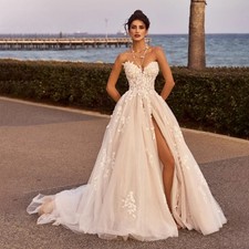 Modern High Side Slit Backless Wedding Dresses Lace Applique V-Neck Bridal Gowns