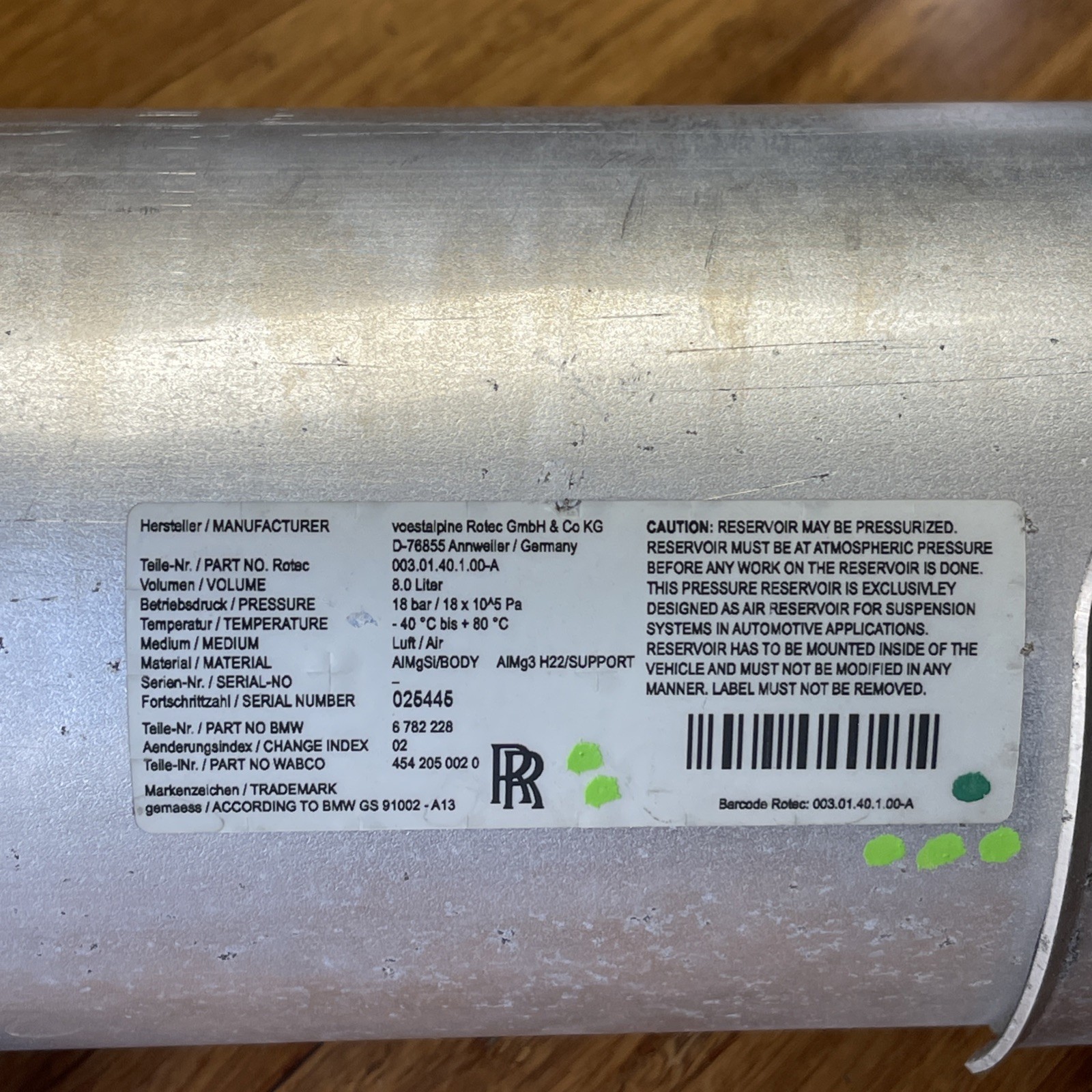 2009-2023 Rolls Royce Dawn RR6 Pressure Accumulator Air Supply System OEM