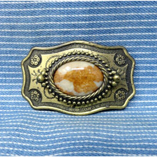 Western Cowboy Dress Belt Buckle Floral Scroll Caramel Stone Vtg 80s .GTA321