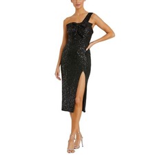 Mac Duggal 11286 Black Cocktail Dress Sequin One Shoulder Midi Sheath Size 14