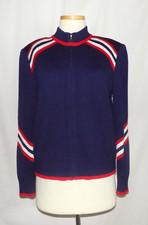 St John Sport Navy Blue Novelty Knit w/Red & White Trim Full-Zip Bomber Jacket L