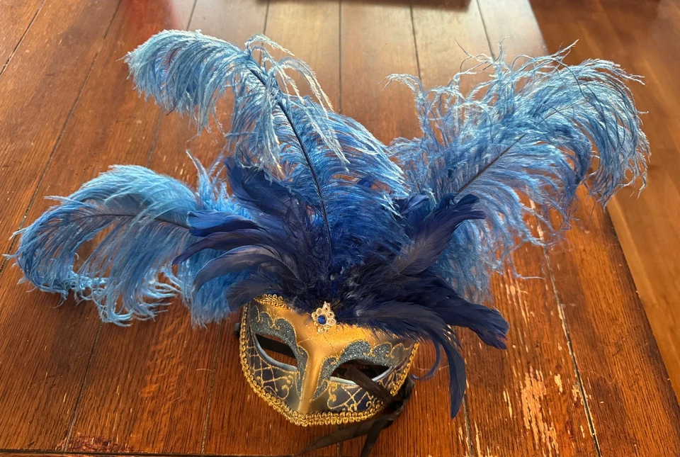 Blue Feather Masquerade Party Mask - Image 2 of 4