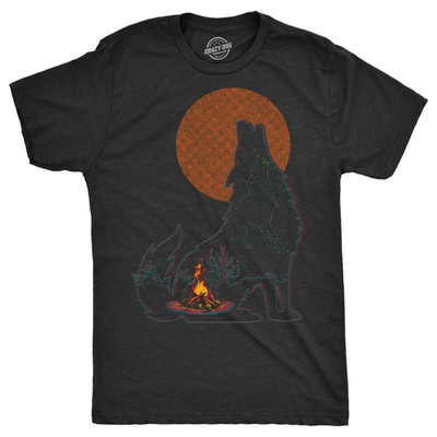 Mens Funny T Shirts Campfire Wolf Sarcastic Nature Graphic Novelty Tee for Men