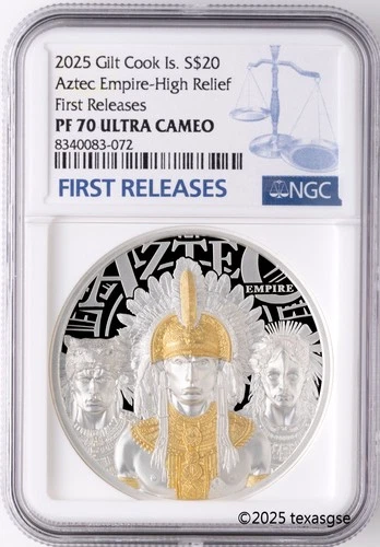 2025 Cook Islands $20 3oz Gilded Silver Legends - Aztec Empire NGC PF70 FR