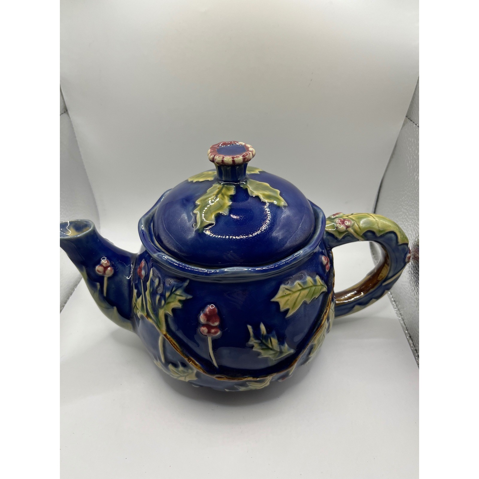Collectible Ceramic Teapot, Dark Blue, Holly Leaves & Berries Design