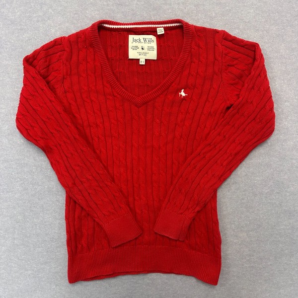 Jack Wills Women's Red Cable Knit V Neck Sweater Old Money Preppy UK8 US4