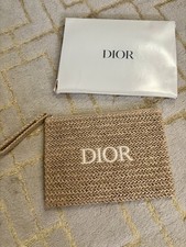 Dior Straw Clutch Wristlet Pouch Beige Woven Logo Cosmetic Bag