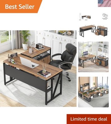 55-inch L Shaped Desk with Drawer Cabinet, Executive Computer Desk and latera...