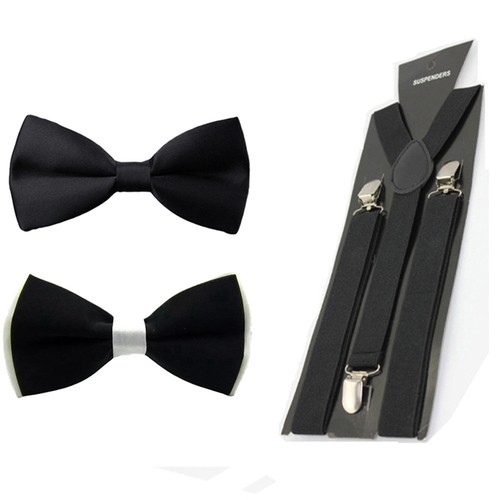Men Solid Pre-tied Bowtie Bow Tie Elastic Y-Back Suspender Clip On Brace Set - Picture 2 of 6