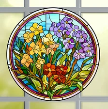 Gladiolus Flowers Faux Stained-Glass WINDOW CLING Size 8" Round Vinyl