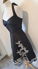 KAREN MILLEN - Black Satin Halterneck Fit  Flare Patterned Dress - Size 12
