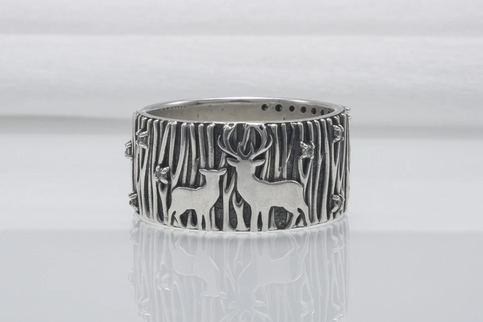 Anillo Bosque Naturaleza Moda Madera Textura Banda Ancha Hecho a Mano Ciervos Pareja Joyería Foto 4 de 4