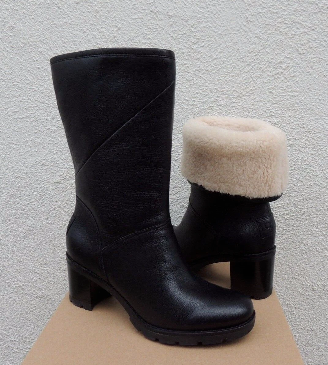 UGG JESSIA BLACK WATER RESISTANT LEATHER SHEEPSKIN BOOTS US 9.5 EUR 40.5 NEW