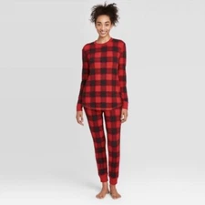 Stars Above Womens LARGE Red Plaid Thermal Pajama Set Long Sleeve Shirt & Pants