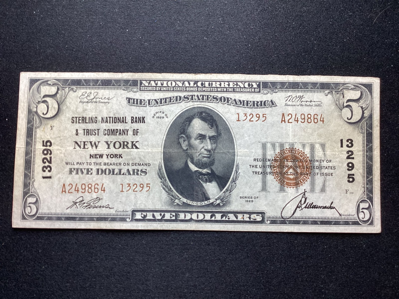 1929 5 Dollar National Currency Sterling National Bank & Trust Company
