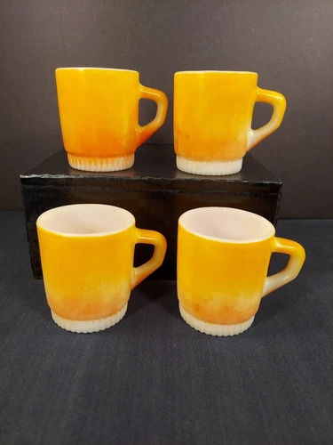 4 Vintage Anchor Hocking Fire King Orange Mugs Oven Proof Stackable