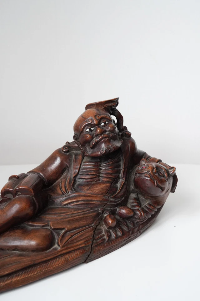 Bodhidharma de madera antigua + Foo Dog - Dinastía Qing - Raro - 42 cm/16,5 pulgadas Foto 4 de 4