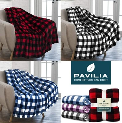 PAVILIA Plaid Buffalo Checkered Fleece Throw Blanket Soft Holiday Accent Decor Blanket