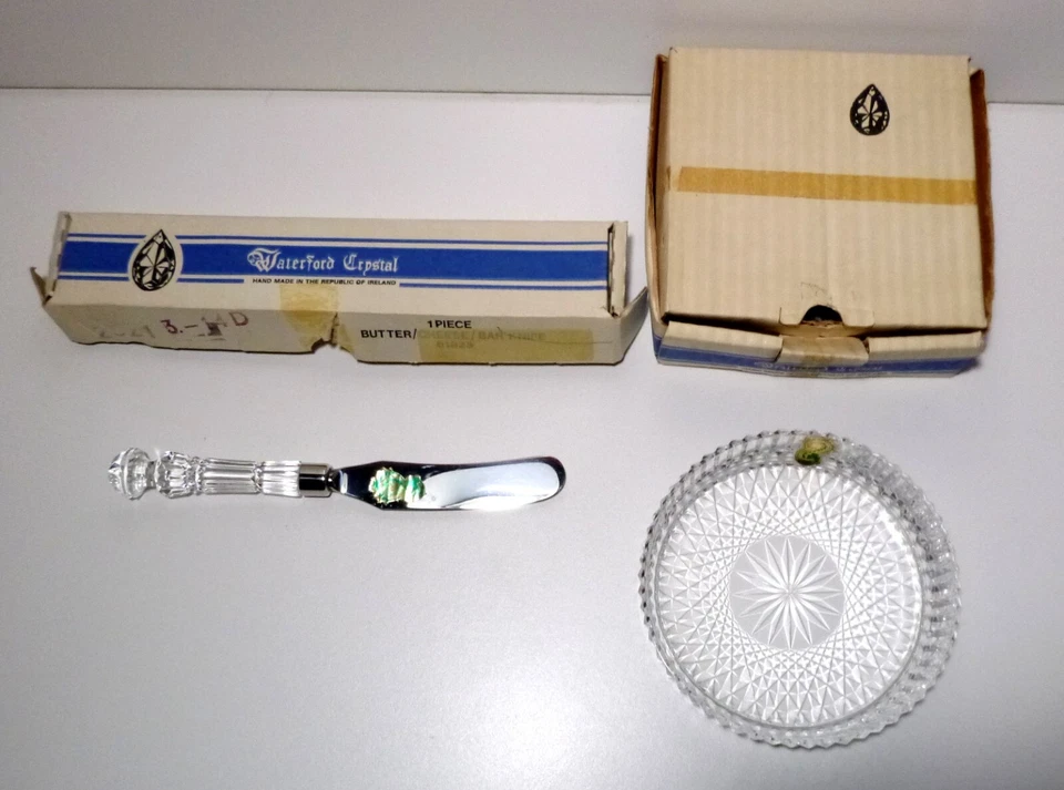 *VINTAGE* Waterford Crystal WAT 01 Butter Knife & Dish Set Made IRELAND in Box Foto 2 de 4