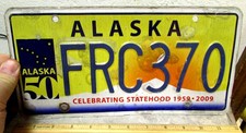 Alaska License Plate 1959-2009 Celebrating 50 yrs of statehood FRC 370 exp 2017