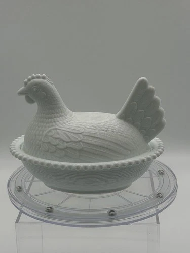 Vintage White Milk Glass Hen on Nest Covered Dish | Beaded Rim Basket