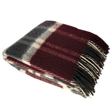 100 Pure Wool Tartan Throw Blanket Burgundy, Charcoal Cream Check, 55x79in
