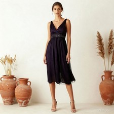 Evening Glam Midi Dress Purple Sheer Mesh A-Line V-Neck Sleeveless Zip US 8