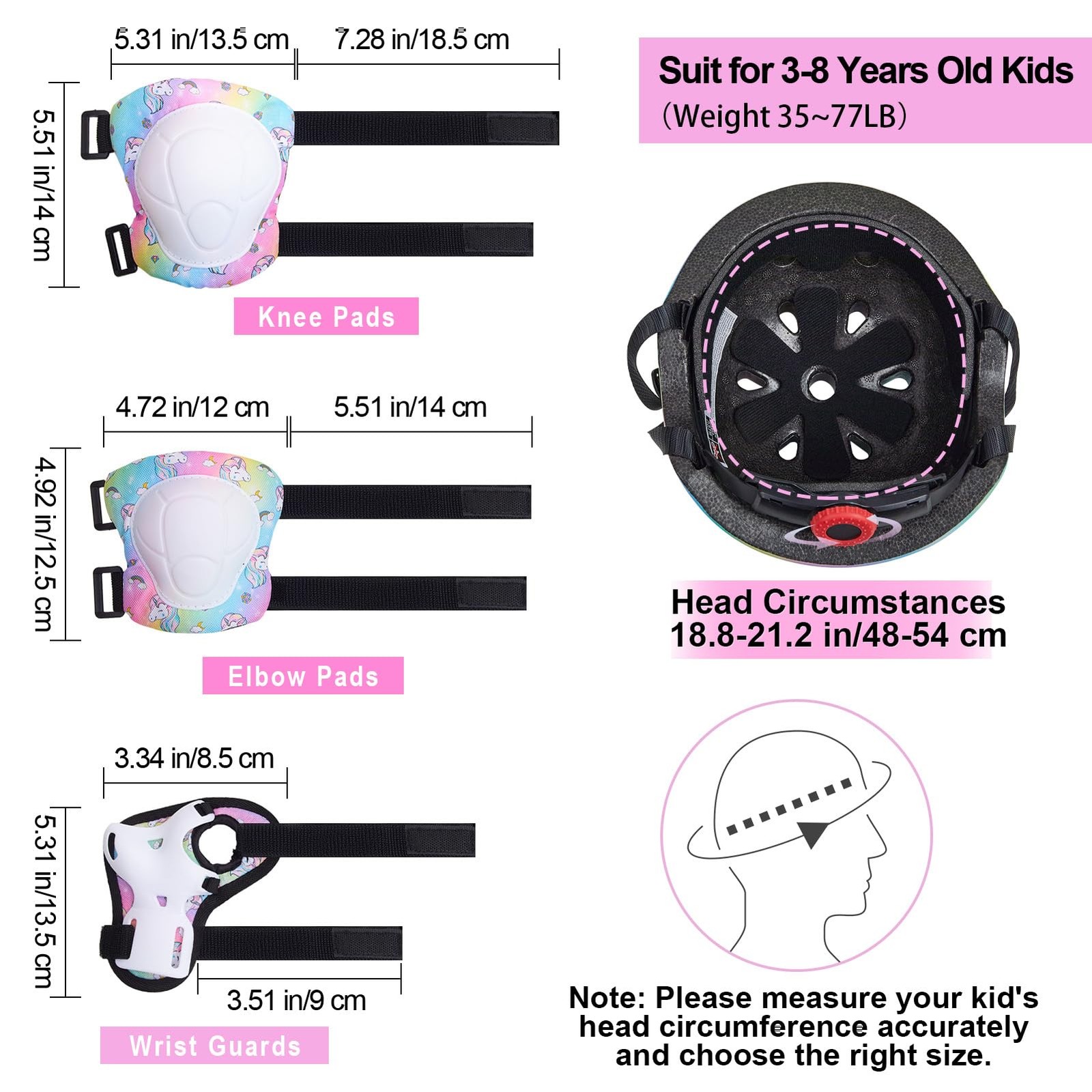 Kids Helmet Knee Pads for Kids Unicorn Knee and Elbow Pads Wrist Guards Adjus