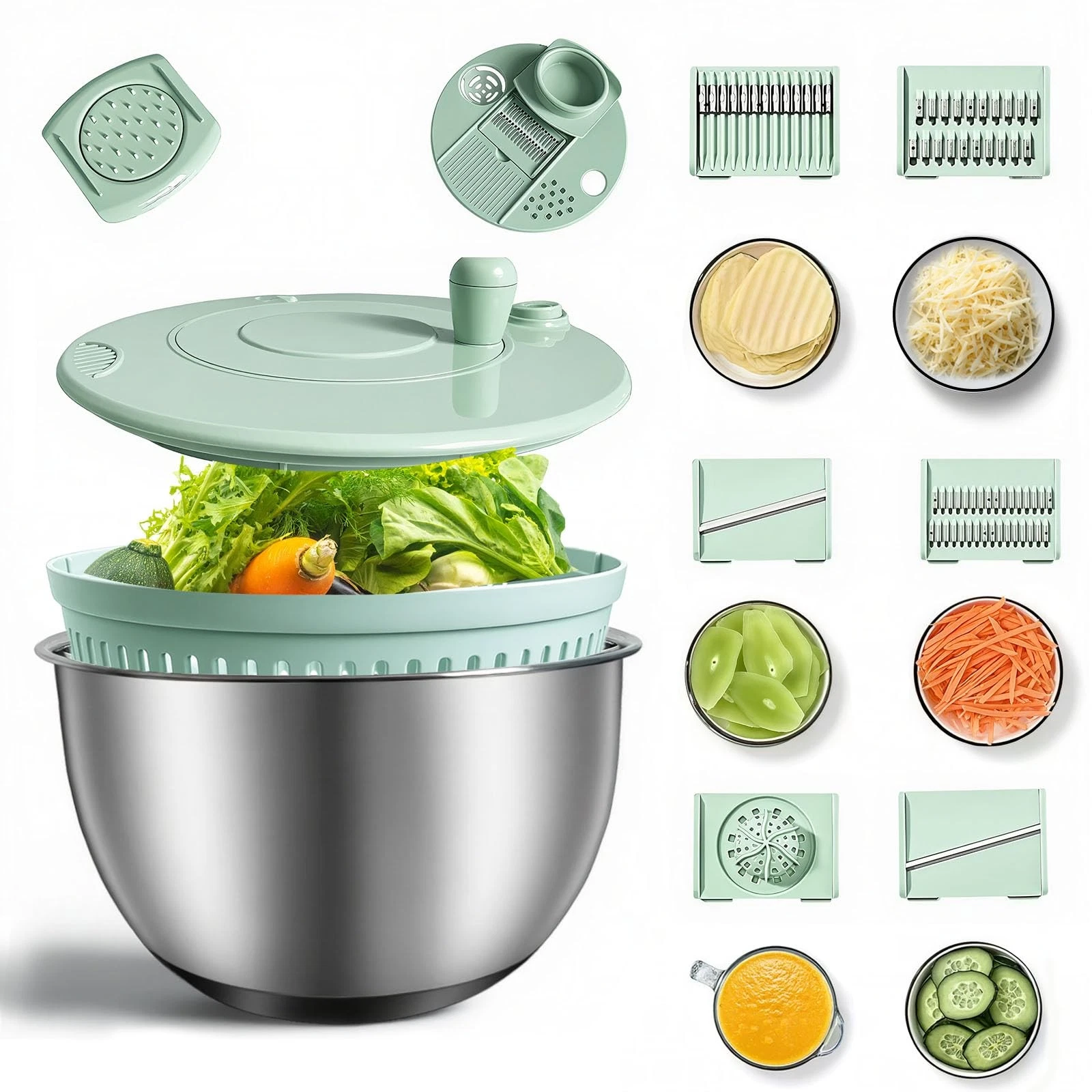 Stainless Steel Salad Spinner 3-in-1, One-Touch Stop and Non-Slip Base, Veget...