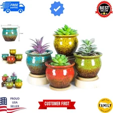 Decorative 4.5 Inch Succulent Pots - Colorful Glazed Planters with Trays