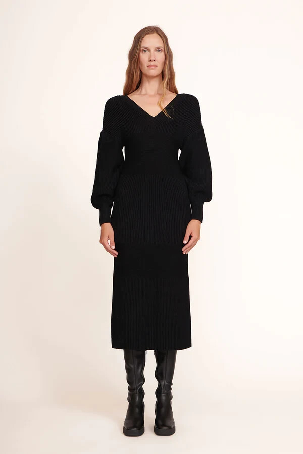 staud sweater dress Women's Camel Ribbed Knit Balloon Sleeve V-Neck Sz the Shoko sweater STAUD, Carnation Dress in Black,